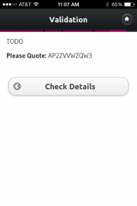 The confirmation screen says TODO on the top, provides a quote number (whatever that is), and a Check Details button.